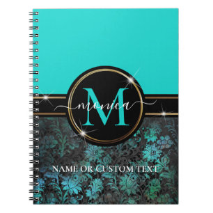 Girly Aqua Blue Grunge Damask Gold Frame Monogram Notebook