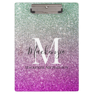 Girly Aqua Blue Pink Ombre Glitter Monogram Name Clipboard