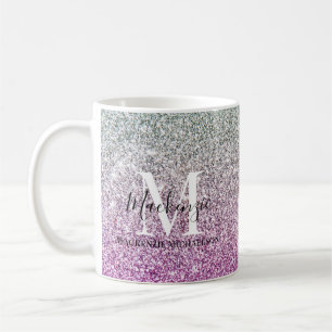 Girly Aqua Blue Pink Ombre Glitter Monogram Name   Coffee Mug