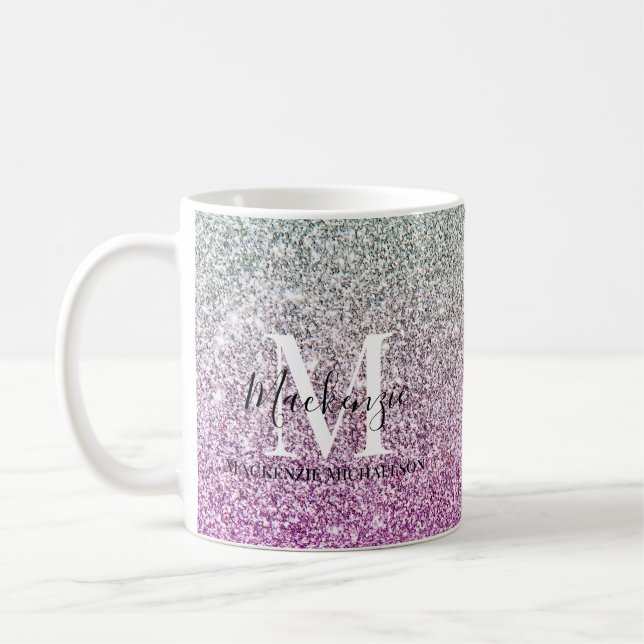Girly Aqua Blue Pink Ombre Glitter Monogram Name   Coffee Mug (Left)