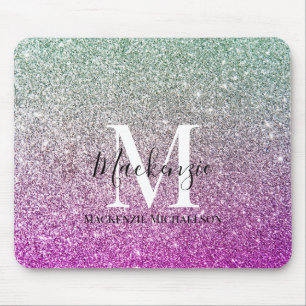 Girly Aqua Blue Pink Ombre Glitter Monogram Name Mouse Pad