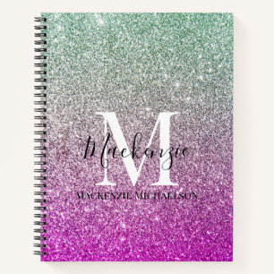 Girly Aqua Blue Pink Ombre Glitter Monogram Name Notebook
