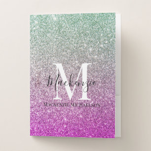 Girly Aqua Blue Pink Ombre Glitter Monogram Name  Pocket Folder