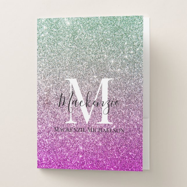 Girly Aqua Blue Pink Ombre Glitter Monogram Name  Pocket Folder (Front)