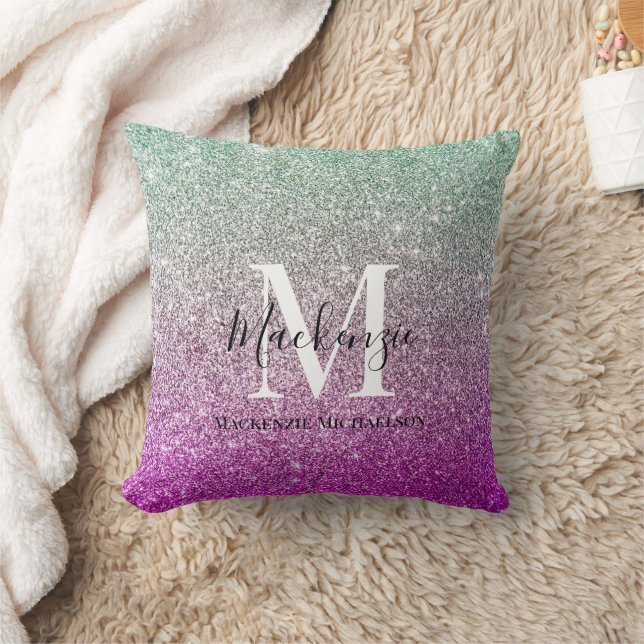 Girly Aqua Blue Pink Ombre Glitter Monogram Name  Throw Pillow (Blanket)