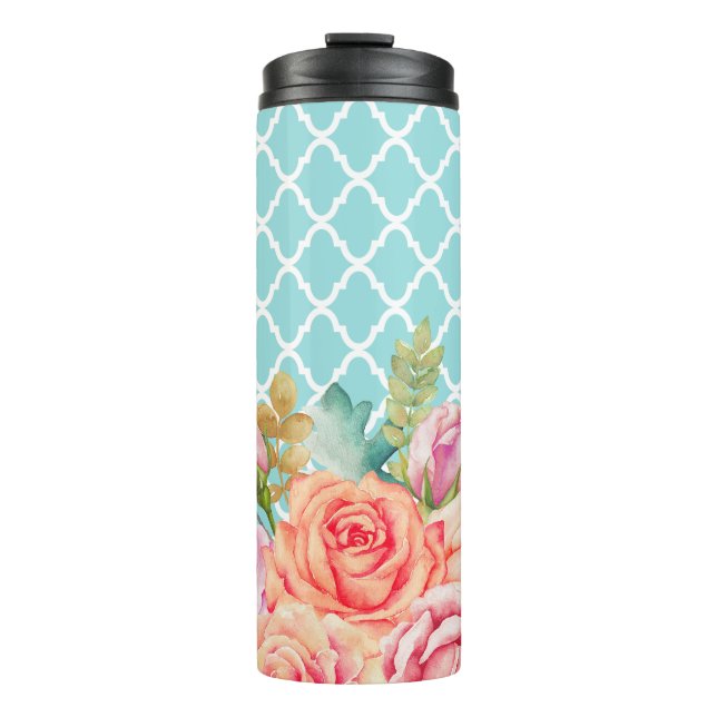 Girly Aqua Blue Quatrefoil Peach Rose Floral Thermal Tumbler (Front)