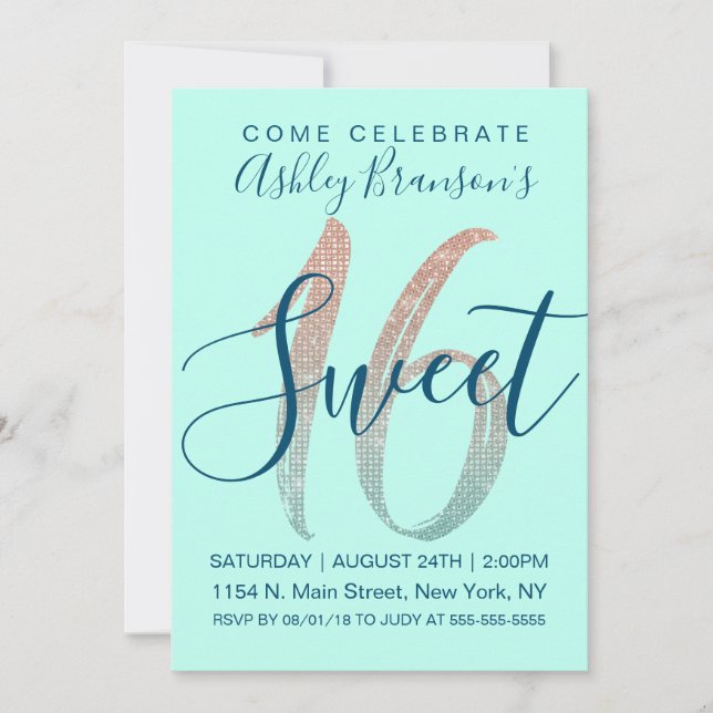Girly Aqua Blue Rose Gold Sequin Glitter Sweet 16 Invitation (Front)