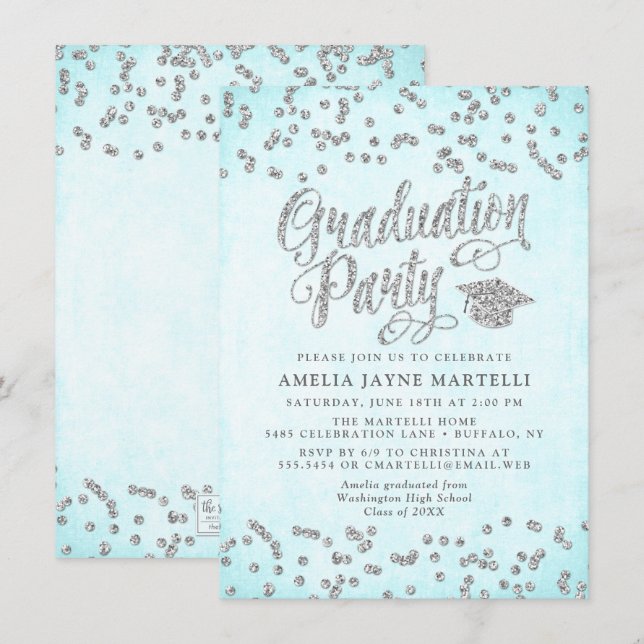Girly Aqua Blue Silver Glitter Graduation Party Invitation (Front/Back)