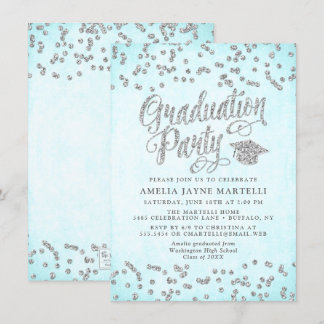 Girly Aqua Blue Silver Glitter Graduation Party Invitation