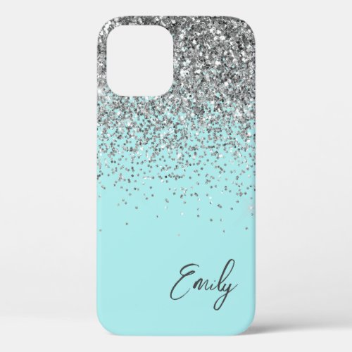 Girly Aqua Blue Silver Glitter Monogram iPhone 12 Case