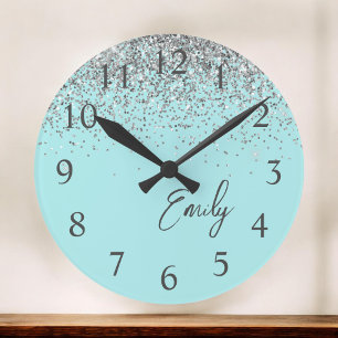 Girly Aqua Blue Silver Glitter Monogram Large Clock