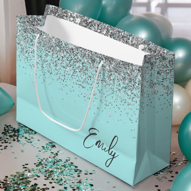 Girly Aqua Blue Silver Glitter Monogram Large Gift Bag (Creator Uploaded)