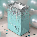 Girly Aqua Blue Silver Glitter Monogram Medium Gift Bag<br><div class="desc">Girly Aqua Blue - Silver Sparkle Glitter Script Monogram Name Gift Bag. This makes the perfect sweet 16 birthday,  wedding,  bridal shower,  anniversary,  baby shower or bachelorette party gift bag for someone that loves glam luxury and chic styles.</div>