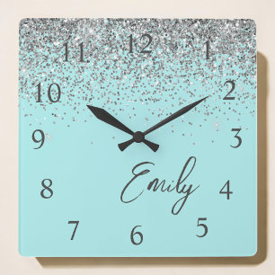 Girly Aqua Blue Silver Glitter Monogram Square Wall Clock
