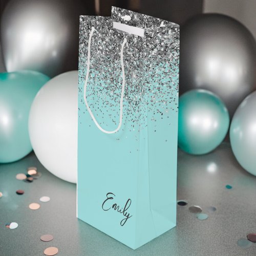 Girly Aqua Blue Silver Glitter Monogram Wine Gift Bag