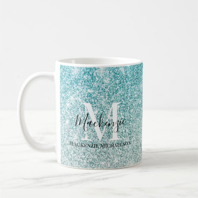 Girly Aqua Blue Silver Ombre Glitter Monogram Name Coffee Mug (Left)