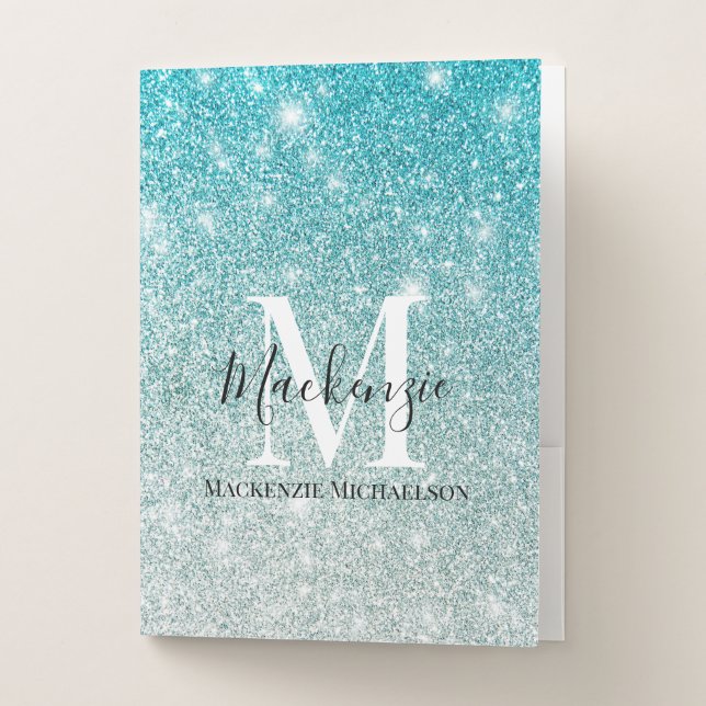 Girly Aqua Blue Silver Ombre Glitter Monogram Name Pocket Folder (Front)