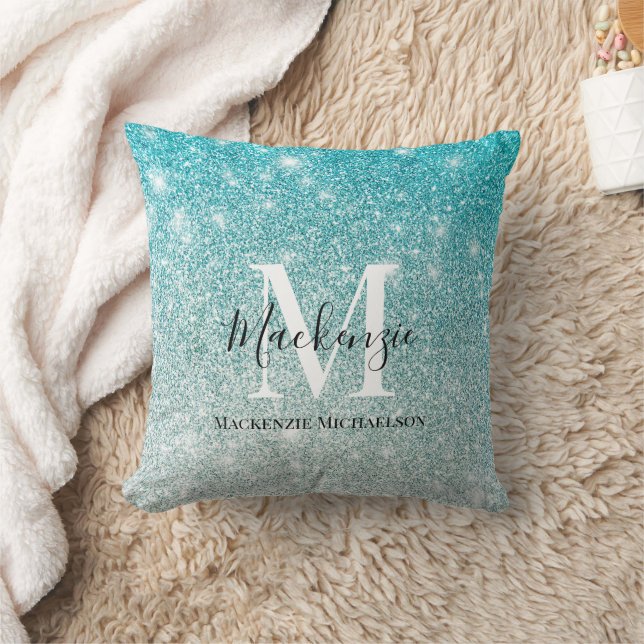 Girly Aqua Blue Silver Ombre Glitter Monogram Name Throw Pillow (Blanket)