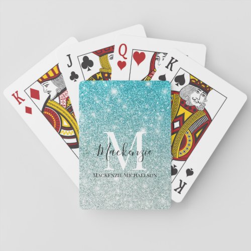 Girly Aqua Blue Silver Ombre Glitter Monogram  Poker Cards