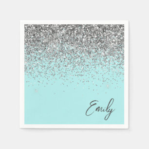 Girly Aqua Blue Teal Silver Glitter Monogram Napkins