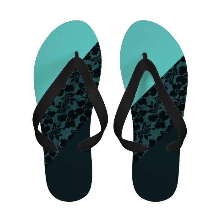 Girly Aqua blue Turquoise Color Block Flower Lace Flip Flops