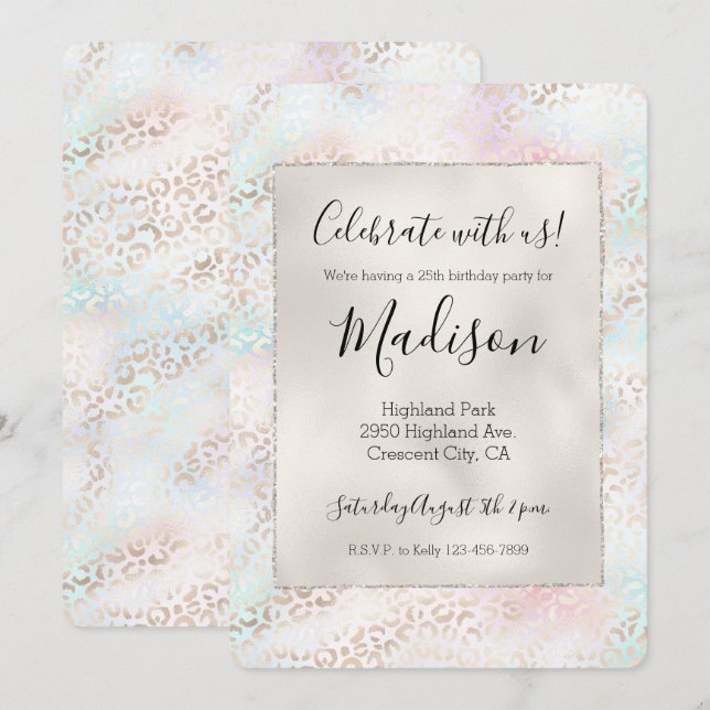 Girly Aqua Blush Pink Gold Leopard Print Invitation (Front/Back)