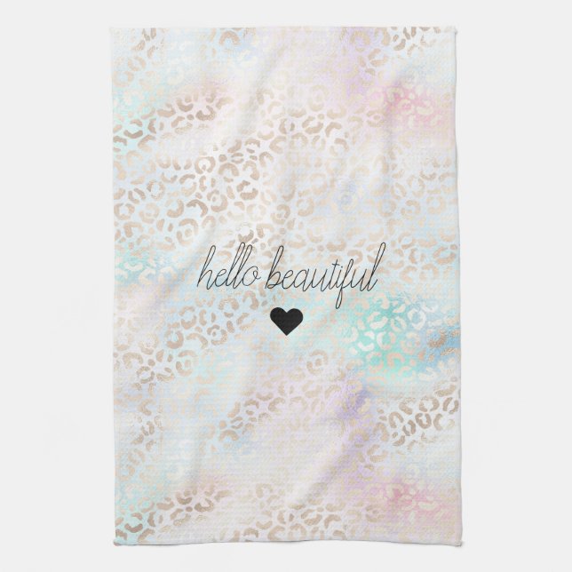 Girly Aqua Blush Pink Gold Leopard Print Kitchen Towel (Vertical)