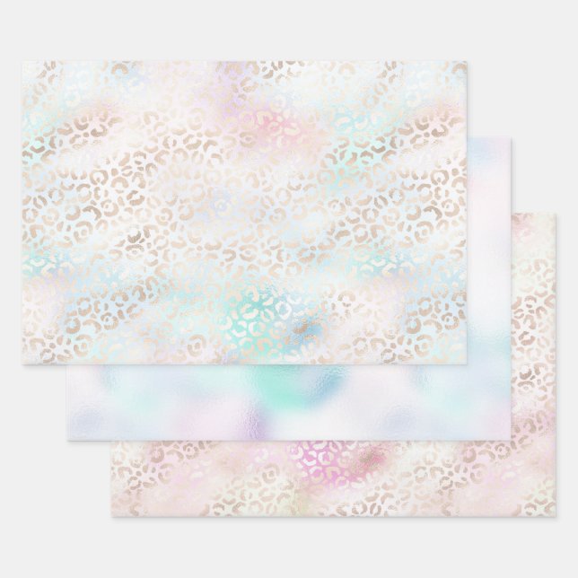 Girly Aqua Blush Pink Gold Leopard Print Wrapping Paper Sheets (Set)