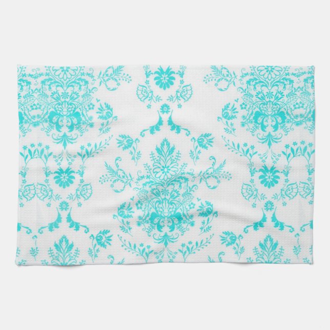 Girly Aqua Damask Kitchen Towel (Horizontal)