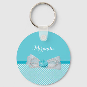 Girly Aqua Gingham Cute Pearls Rose Bow With Name Keychain