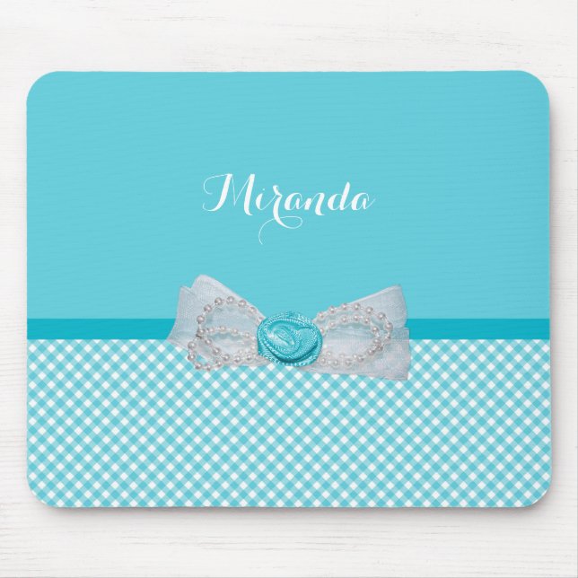 Girly Aqua Gingham Cute Pearls Rose Bow With Name Mouse Pad (Front)