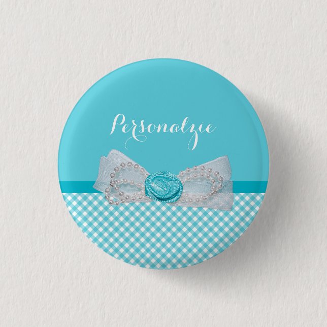 Girly Aqua Gingham Cute Pearls Rose Bow With Name Pinback Button (Front)