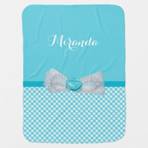 Girly Aqua Gingham Cute Pearls Rose Bow With Name Receiving Blanket