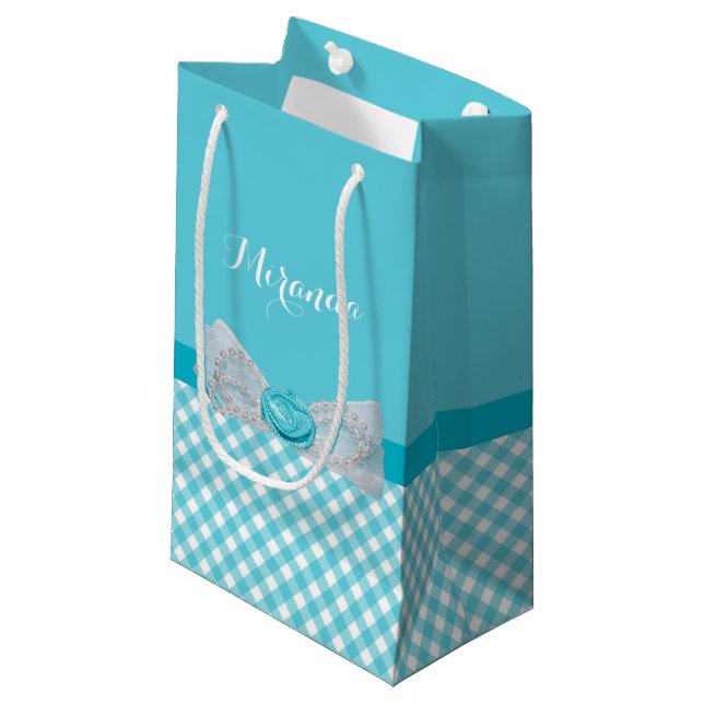 Girly Aqua Gingham Cute Pearls Rose Bow With Name Small Gift Bag (Front Angled)