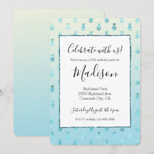 Girly Aqua Glam Tropical Pineapples Ombre Invitation