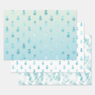 Girly Aqua Glam Tropical Pineapples Ombre Wrapping Paper Sheets