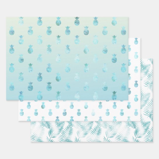 Girly Aqua Glam Tropical Pineapples Ombre Wrapping Paper Sheets (Set)