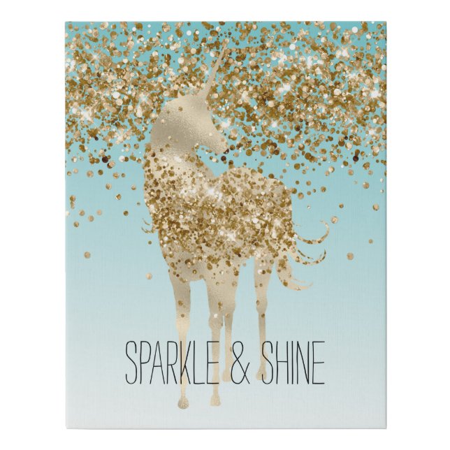 Girly Aqua Gold Confetti Glitter Unicorn Faux Canvas Print (Front)