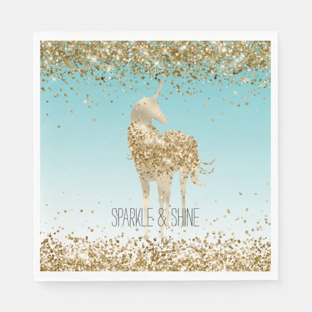 Girly Aqua Gold Confetti Glitter Unicorn Napkins (Front)