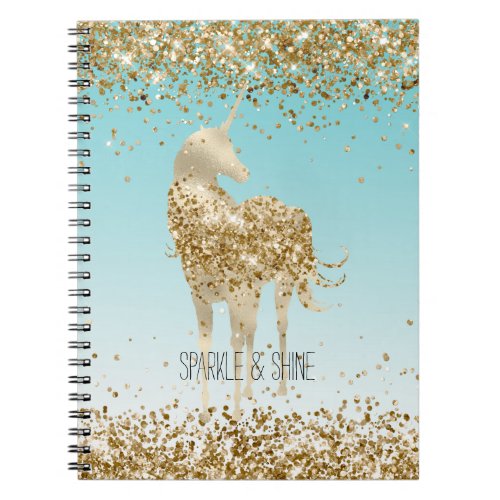 Girly Aqua Gold Confetti Glitter Unicorn Notebook