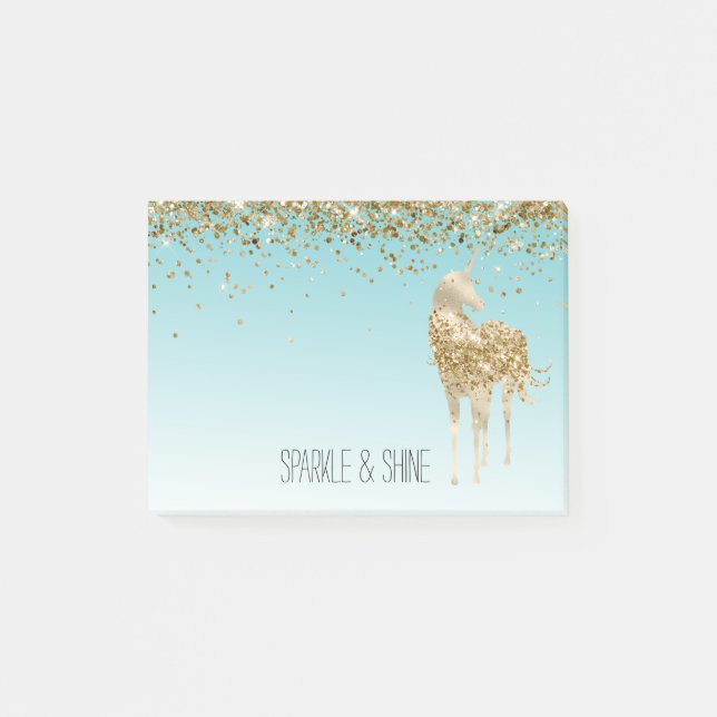 Girly Aqua Gold Confetti Glitter Unicorn Post-it Notes (Front)