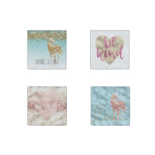 Girly Aqua Gold Confetti Glitter Unicorn Stone Magnet