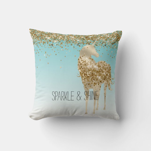 Girly Aqua Gold Confetti Glitter Unicorn Throw Pillow (Front)