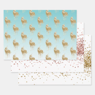 Girly Aqua Gold Confetti Glitter Unicorn Wrapping Paper Sheets
