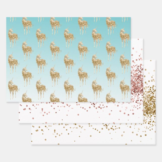 Girly Aqua Gold Confetti Glitter Unicorn Wrapping Paper Sheets (Set)