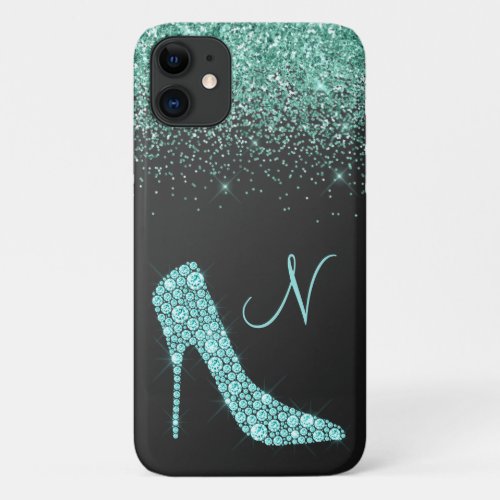 Girly Aqua Gold Glitter Shoe Script Monogram Black iPhone 11 Case