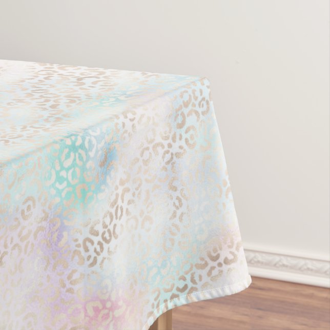 Girly Aqua Gold Pink Leopard Print Tablecloth (In Situ)