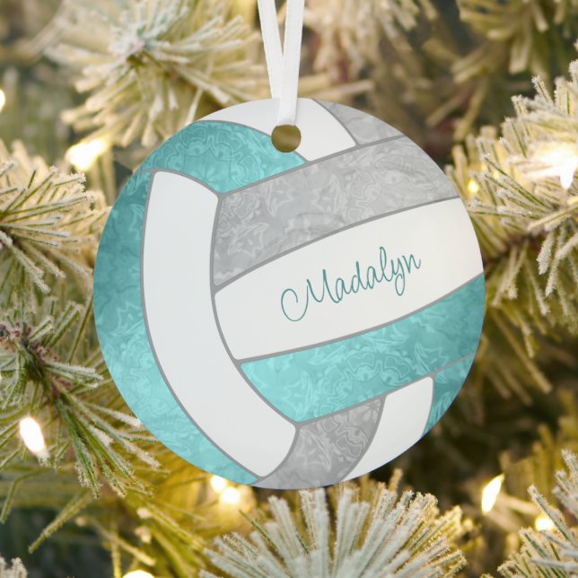 girly aqua gray keepsake volleyball gifts metal ornament (Insitu)