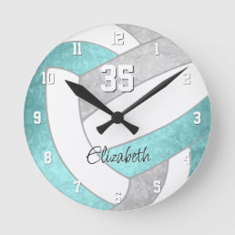 girly aqua gray personalized volleyball round clock