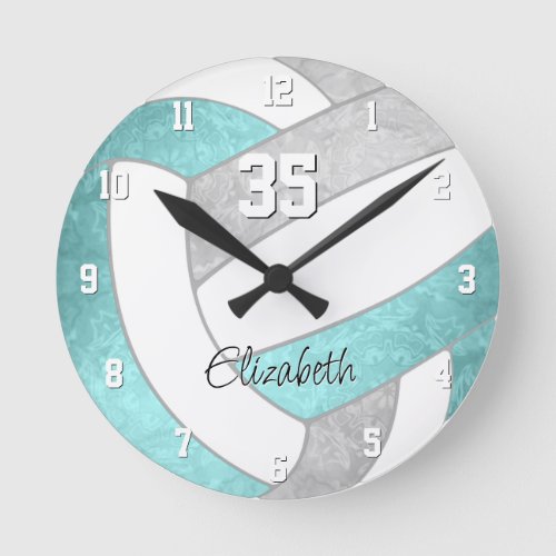 girly aqua gray personalized volleyball round clock